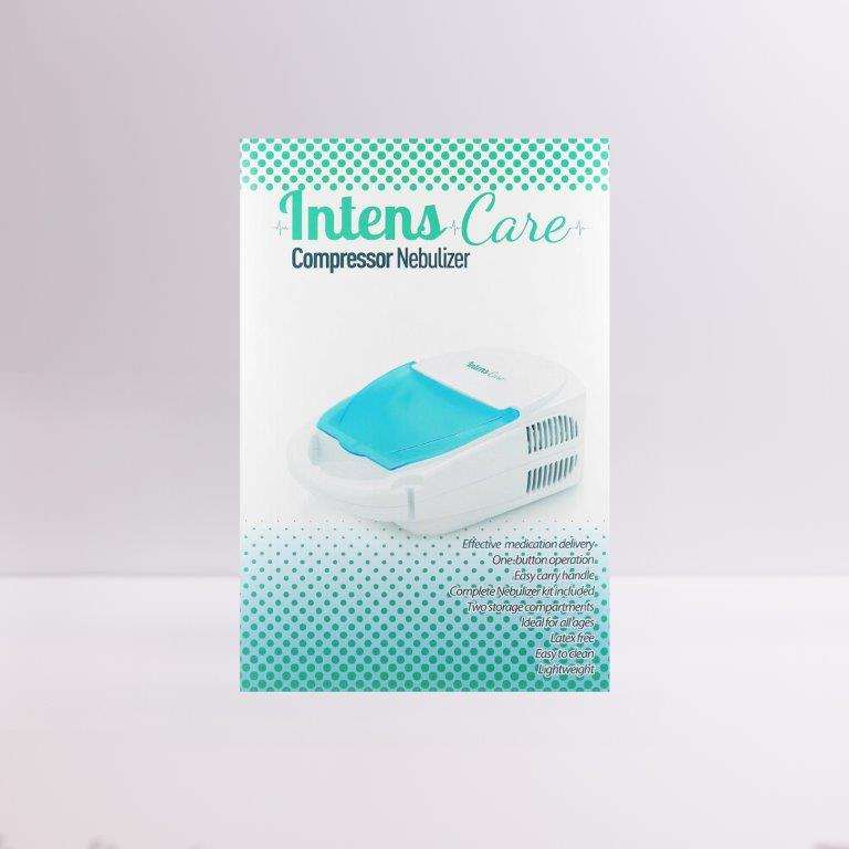 IntensCare Nebulizer compressor with one-button operation, lightweight, easy to clean, and complete nebulizer kit.