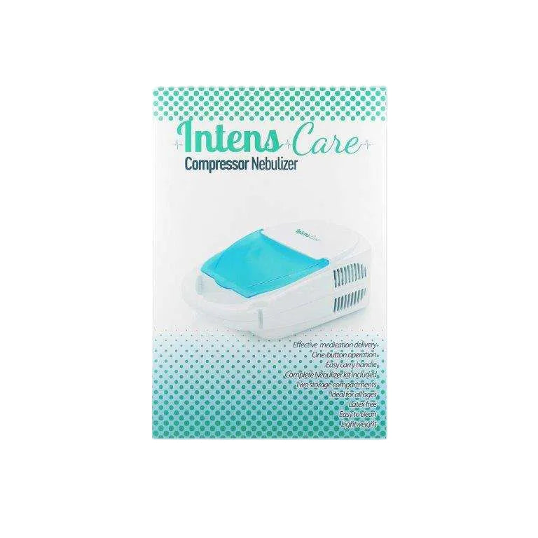 IntensCare Nebulizer compressor with one-button operation, lightweight, easy to clean, and complete nebulizer kit.
