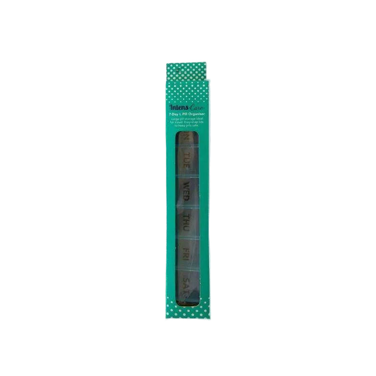 IntensCare 7-Day L Pill Organiser with labeled compartments and easy-snap transparent lids for medication management
