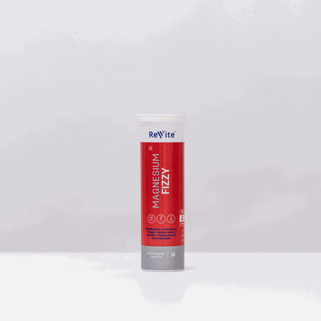 Tube of ReVite Magnesium Fizzy effervescent tablets for relaxation and energy boost