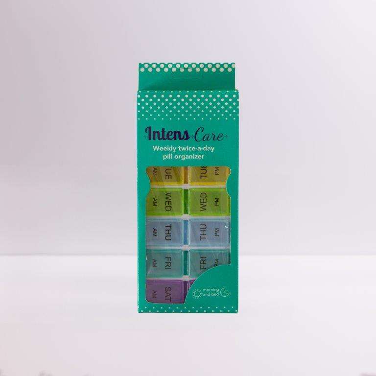 Weekly Twice a day Pill Organiser with labeled compartments for each day of the week, designed for twice daily medication management