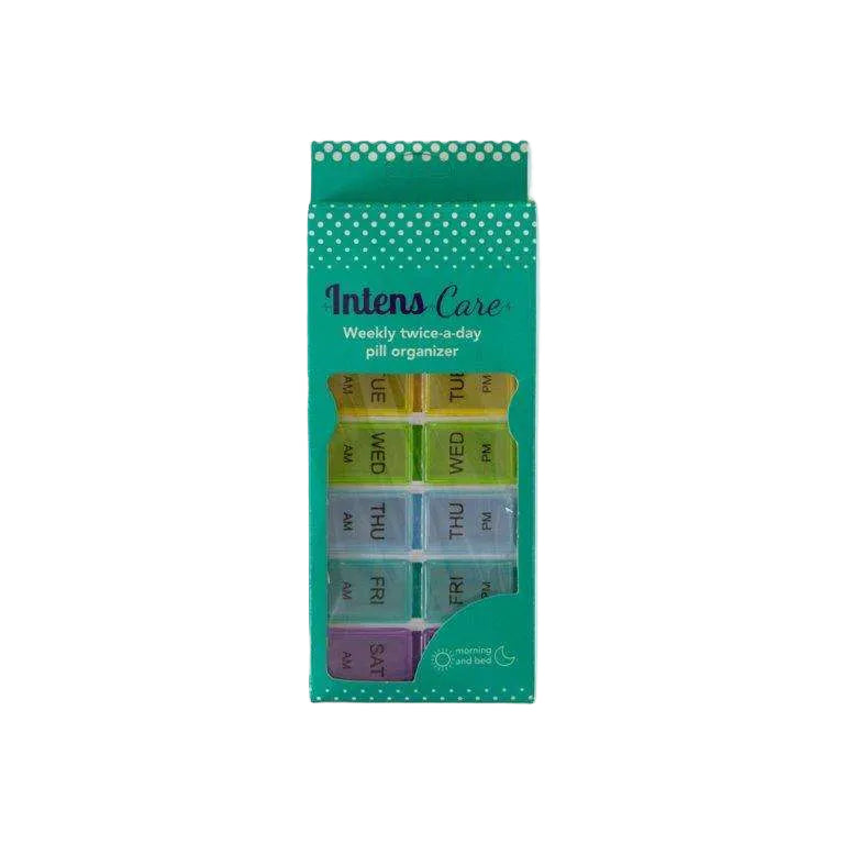 Weekly Twice a day Pill Organiser with labeled compartments for each day of the week, designed for twice daily medication management