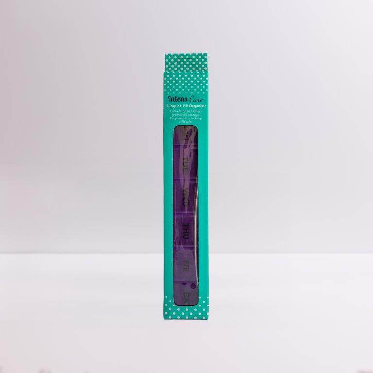 IntensCare 7-Day XL Pill Organiser with labeled compartments and easy-snap see-through lids in teal packaging