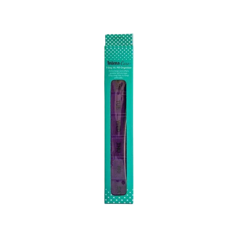IntensCare 7-Day XL Pill Organiser with labeled compartments and easy-snap see-through lids in teal packaging