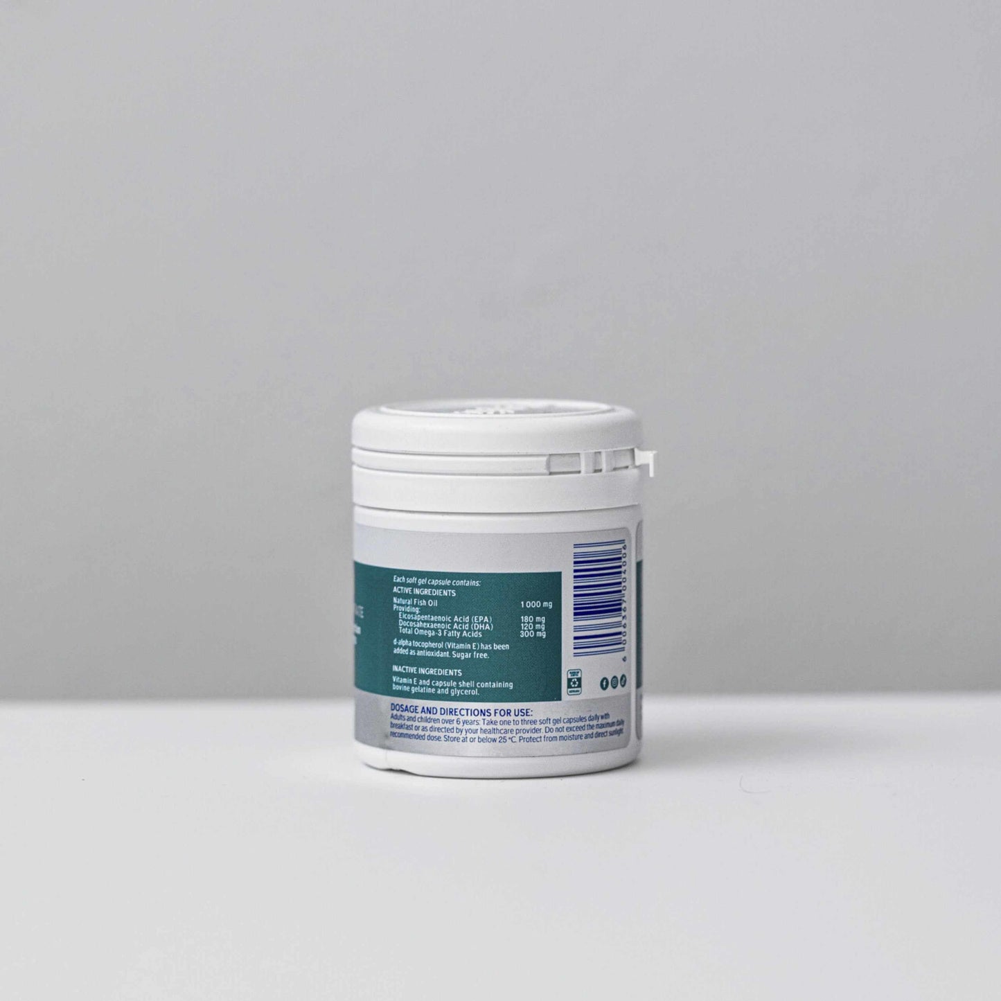 Omega-3 fish oil 1000mg softgels bottle with supplement facts and dosage information