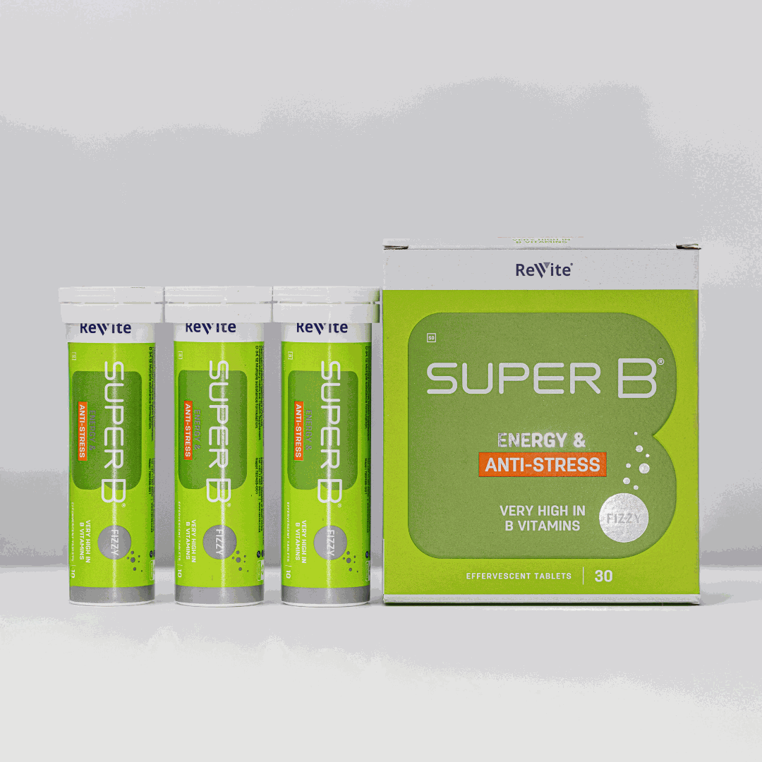 Super B Energy Injection Fizzy tabs box and tubes with anti-stress and energy support, high in B vitamins and vegan-friendly