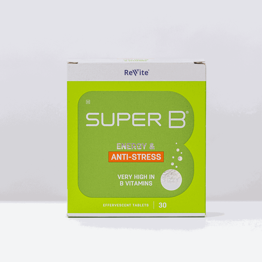 Super B Energy Injection Fizzy 30-pack box with green and white packaging, high in B vitamins and anti-stress support.