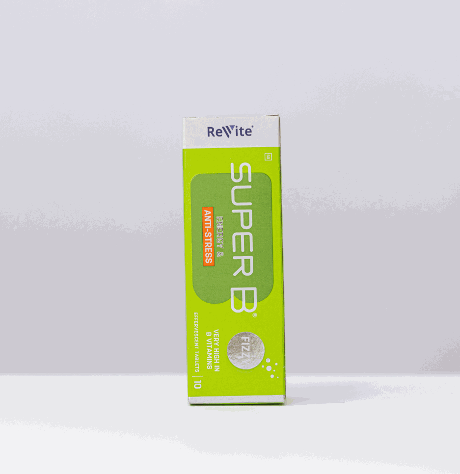 Super B Energy Injection Fizzy Tabs box with anti-stress and energy B vitamins, vegan-friendly supplement