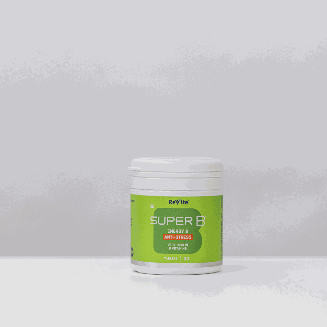 Super B Energy Injection Tabs bottle for energy and anti-stress support with B vitamins and antioxidants.