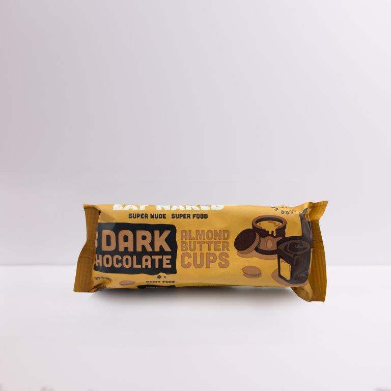 Dark Chocolate Almond Butter Cups 39g pack with three bite-sized cups rich in dark chocolate and almond butter filling