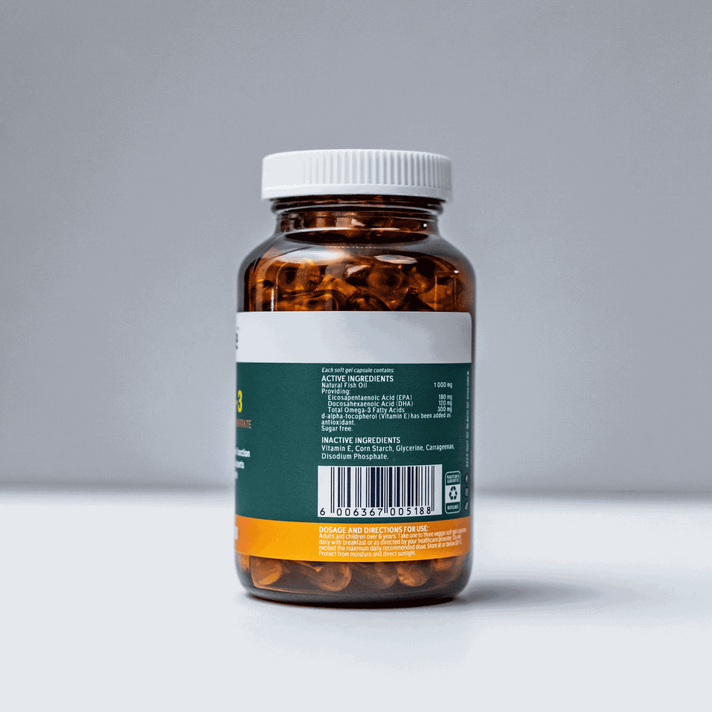 Veggie Caps Omega-3 Fish Oil 1000mg bottle with veggie soft gel capsules promoting heart, brain, eye health and immune support