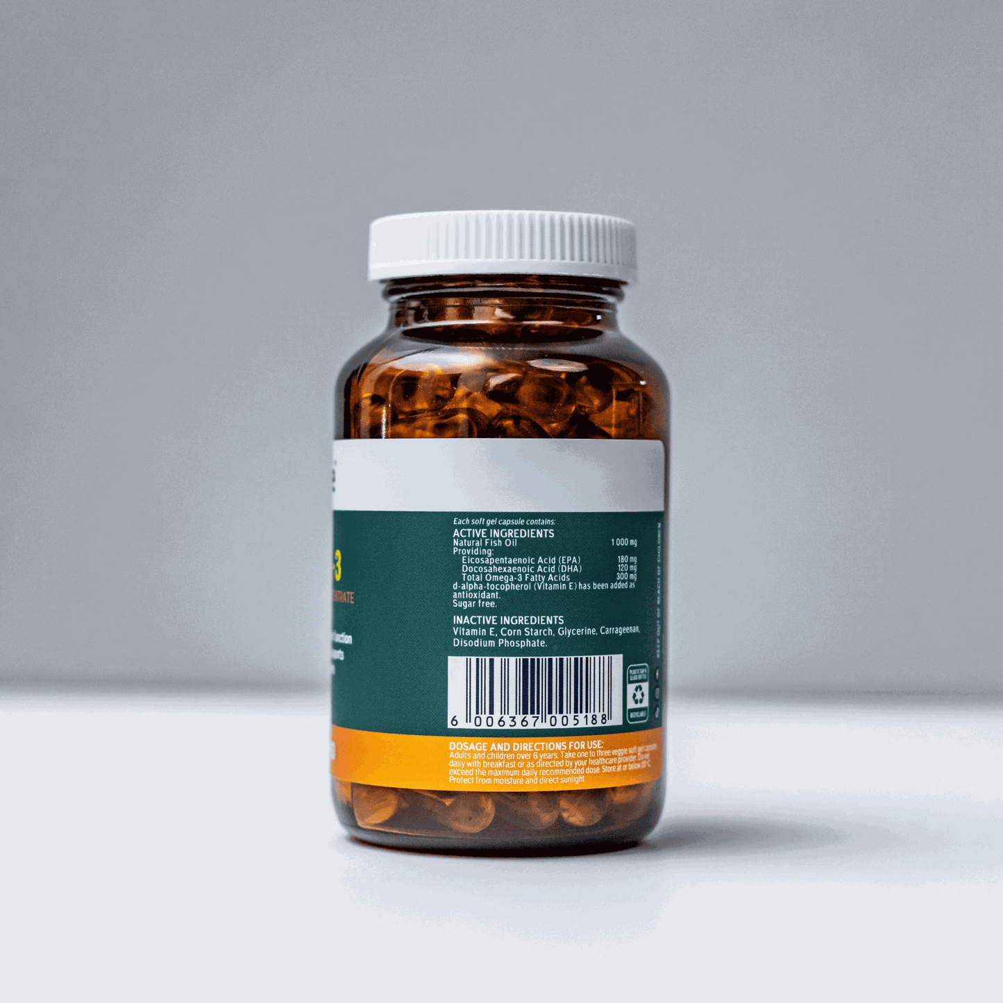 Veggie Caps Omega-3 Fish Oil 1000mg bottle with veggie soft gel capsules promoting heart, brain, eye health and immune support