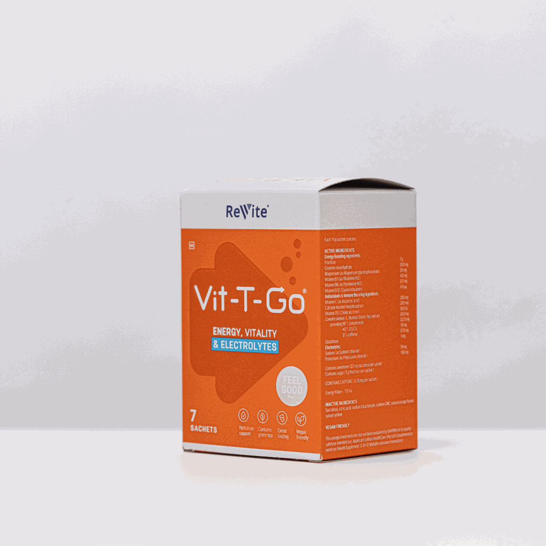 Vit-T-Go sachets box with energy, vitality, electrolytes, vegan-friendly daily supplement drink mix
