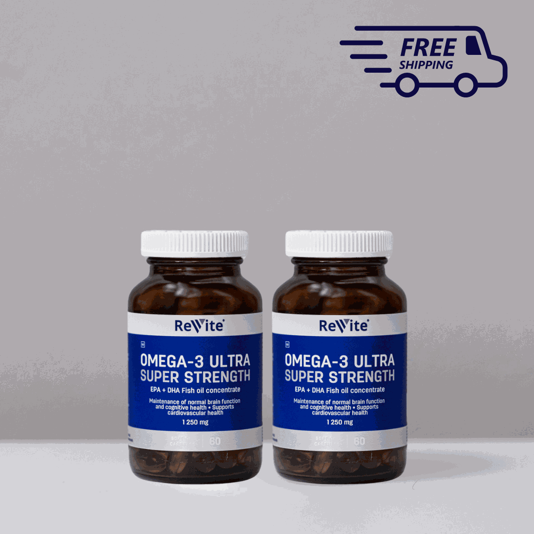 Two bottles of ReVite Omega 3 Ultra Super Strength fish oil supplement with free shipping icon