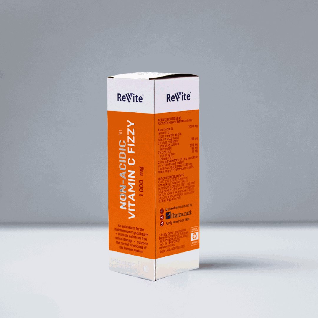 Revite Non-acidic Vitamin C 1000mg fizzy tablets box with immune support benefits and vegan friendly label
