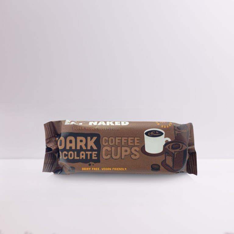 Package of dark chocolate coffee cups with coffee and chocolate graphics, 39g size, dairy free and vegan friendly.