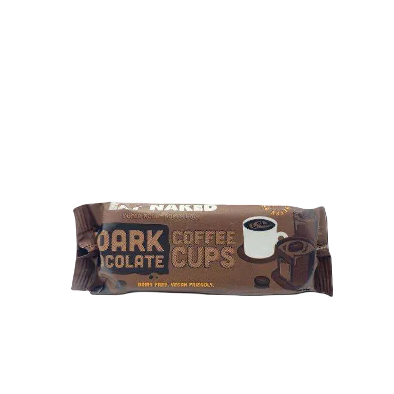 Package of dark chocolate coffee cups with coffee and chocolate graphics, 39g size, dairy free and vegan friendly.