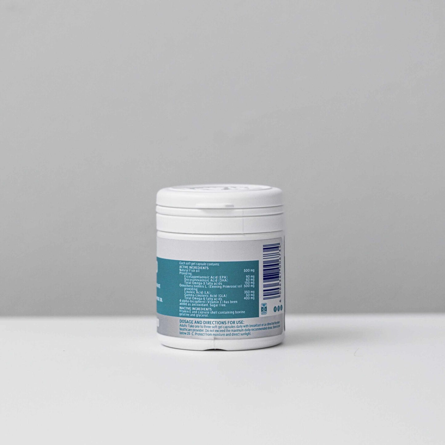 Omega-3+6 Combo supplement bottle with essential fatty acids capsules and detailed label on a plain background