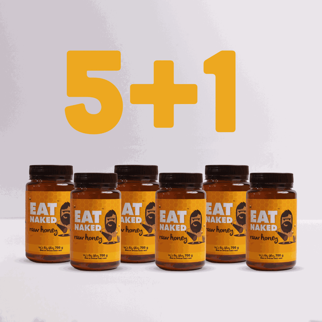 Six jars of Eat Naked Raw Honey 700g with 5+1 free offer promotion text