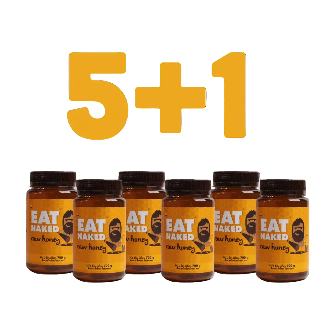 Six jars of Eat Naked Raw Honey 700g with 5+1 free offer promotion text