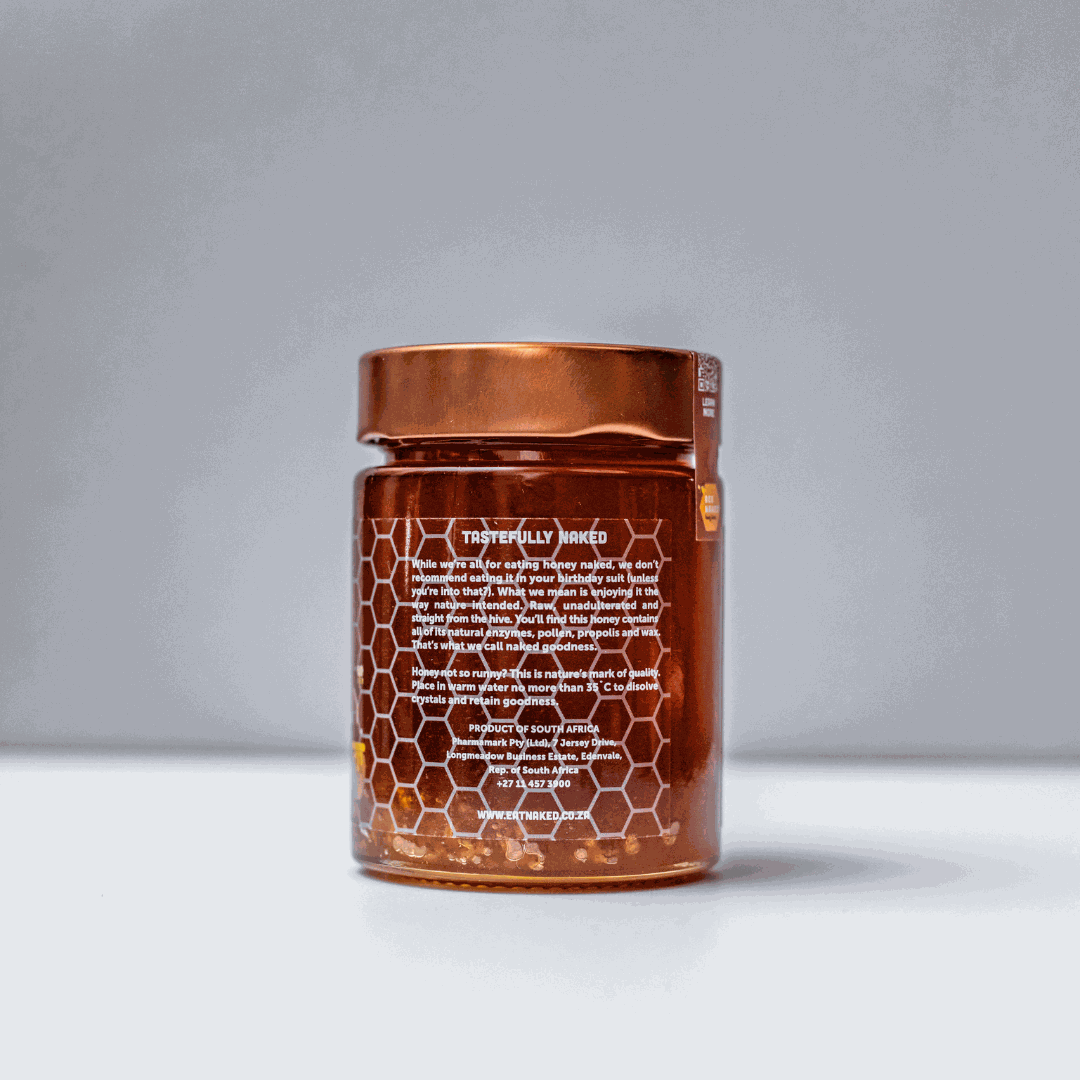 Eat Naked Glass Jar Honey 375g. Jar of raw, unfiltered South African honey with natural enzymes and golden color
