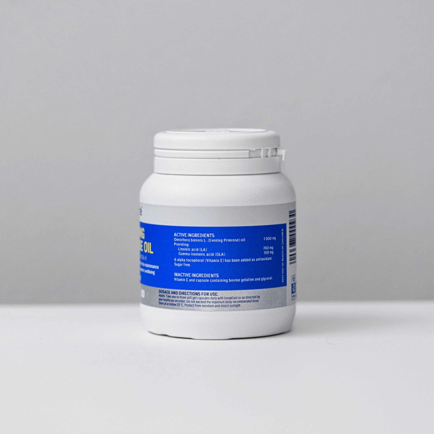 Evening Primrose Oil Omega-6 1000mg supplement bottle with detailed ingredient label and health benefits