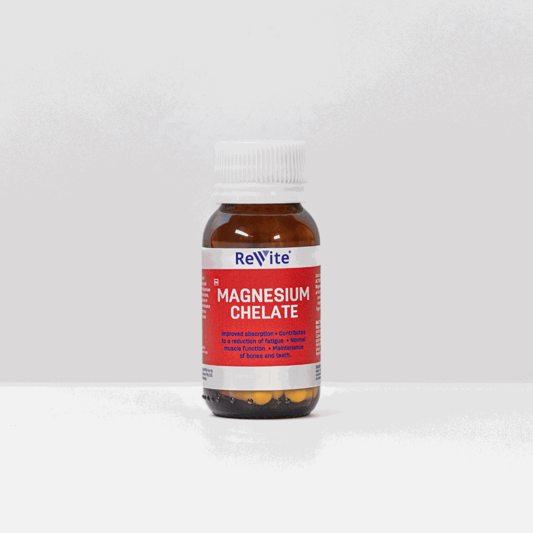 ReVite Magnesium Chelate capsules bottle for easy magnesium absorption and muscle support, 30 count