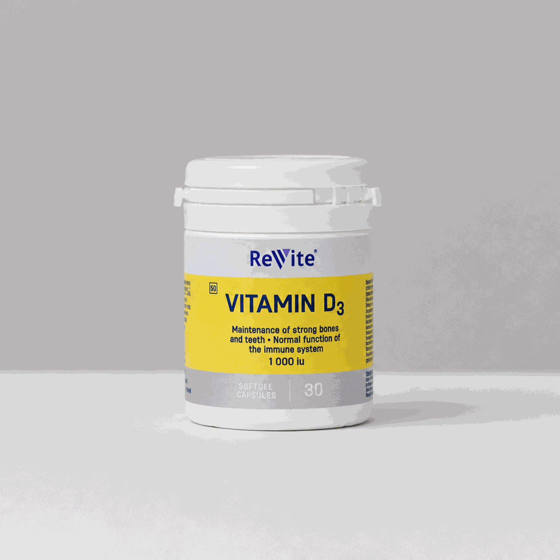 Bottle of vitamin D capsules with 500IU D3 for bone health and immune support