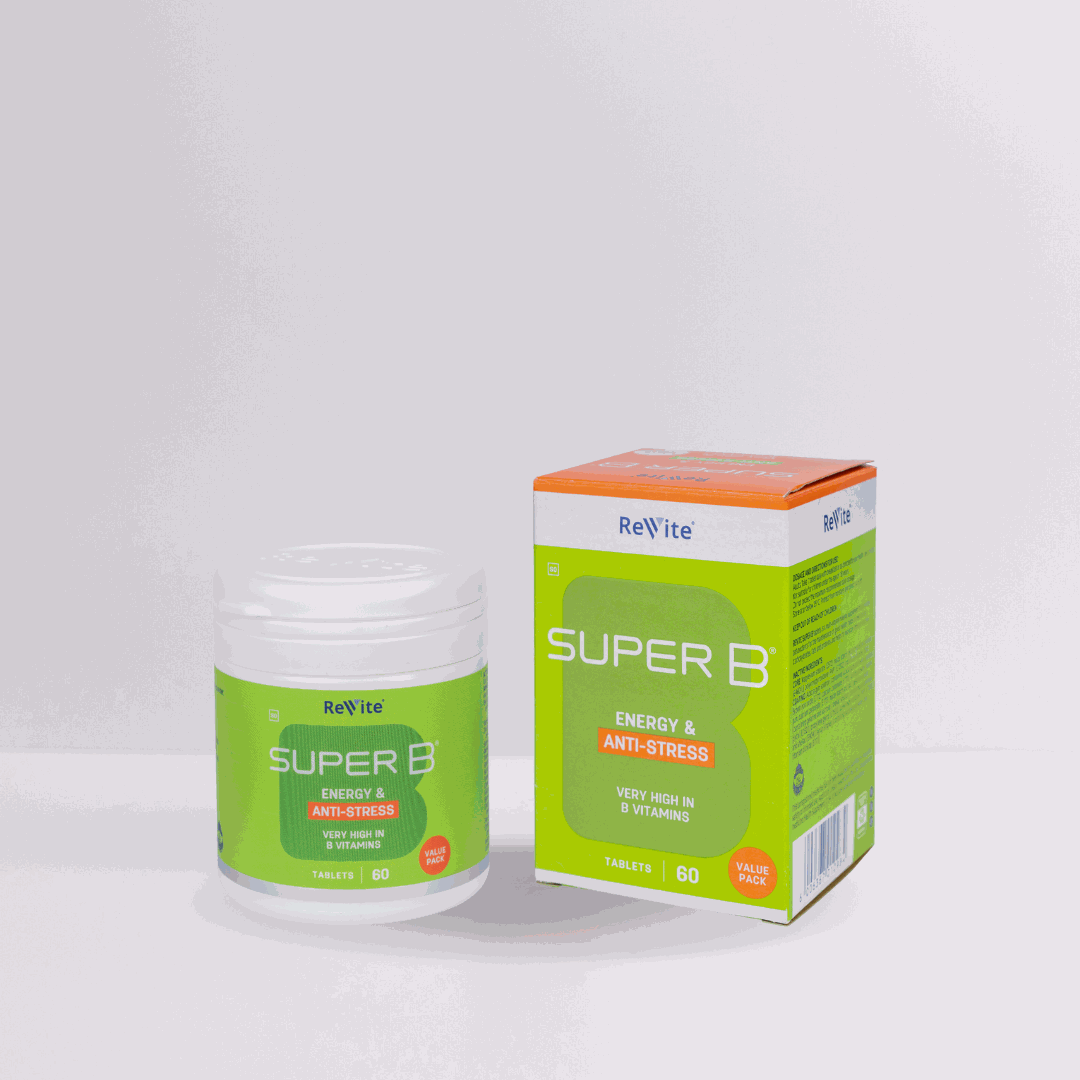 Super B dietary supplement with very high dose B vitamins, energy, and anti-stress benefits, 60 tablets.