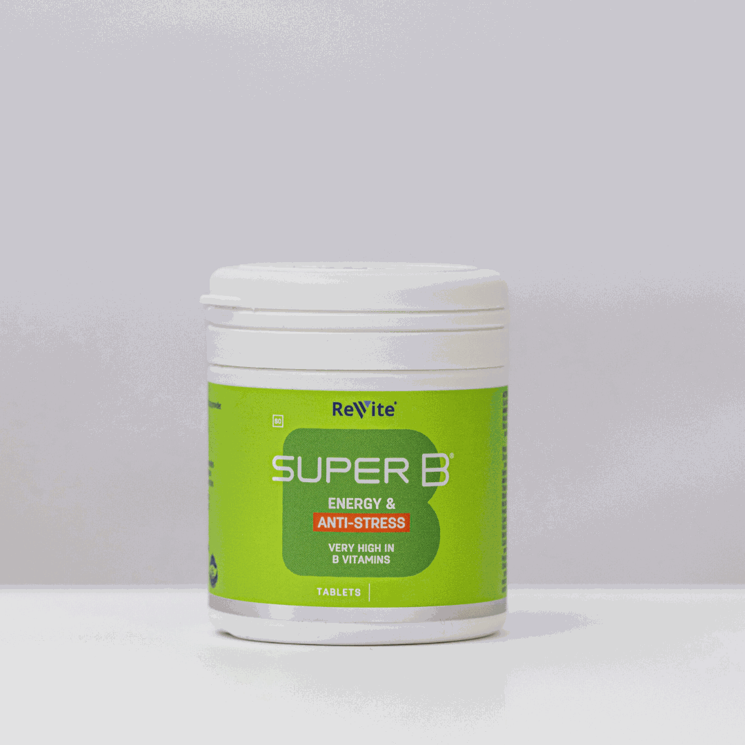 Revite Super B Energy Injection Tabs bottle for energy, anti-stress, and B vitamin support