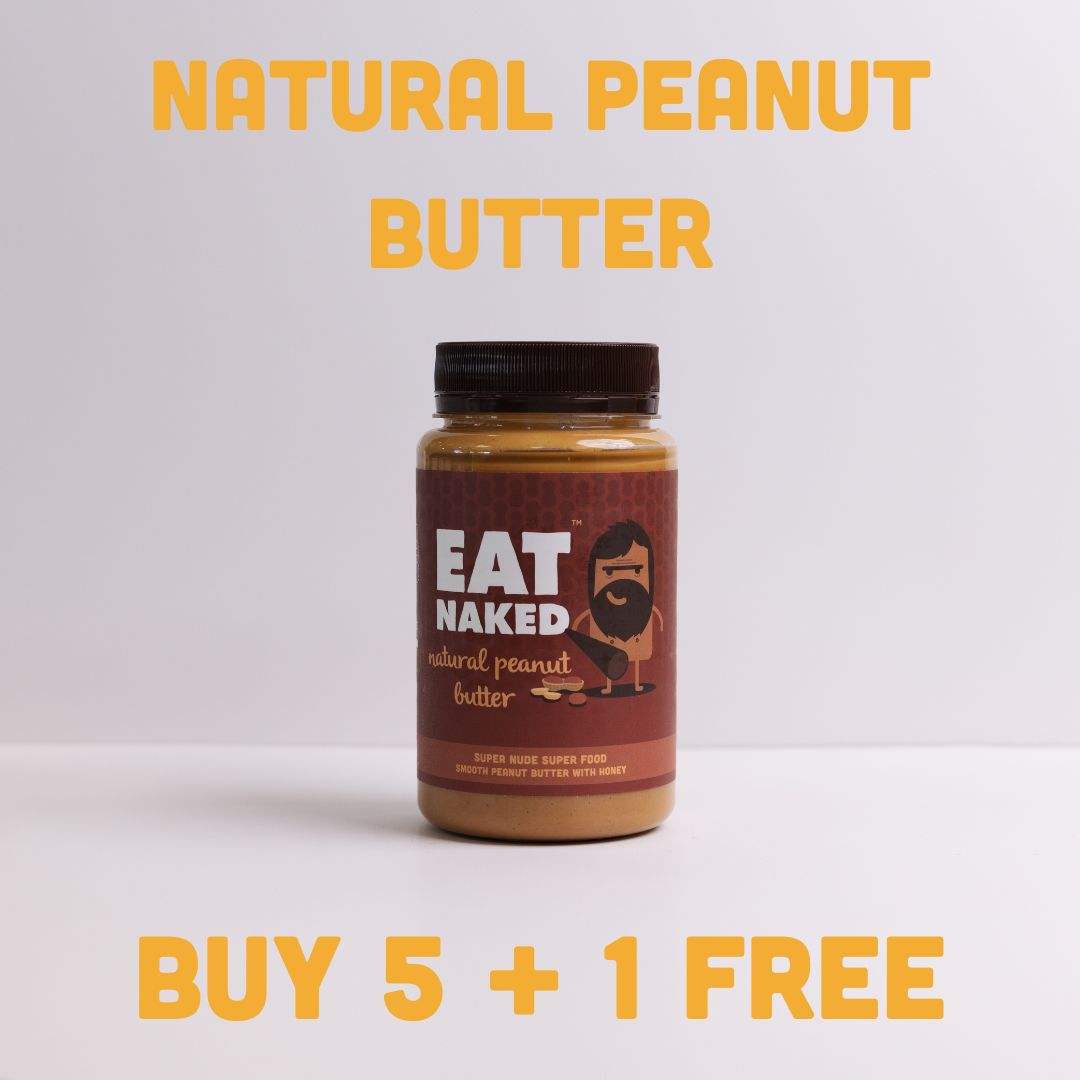 Jar of Eat Naked natural peanut butter with buy 5 plus 1 free offer text