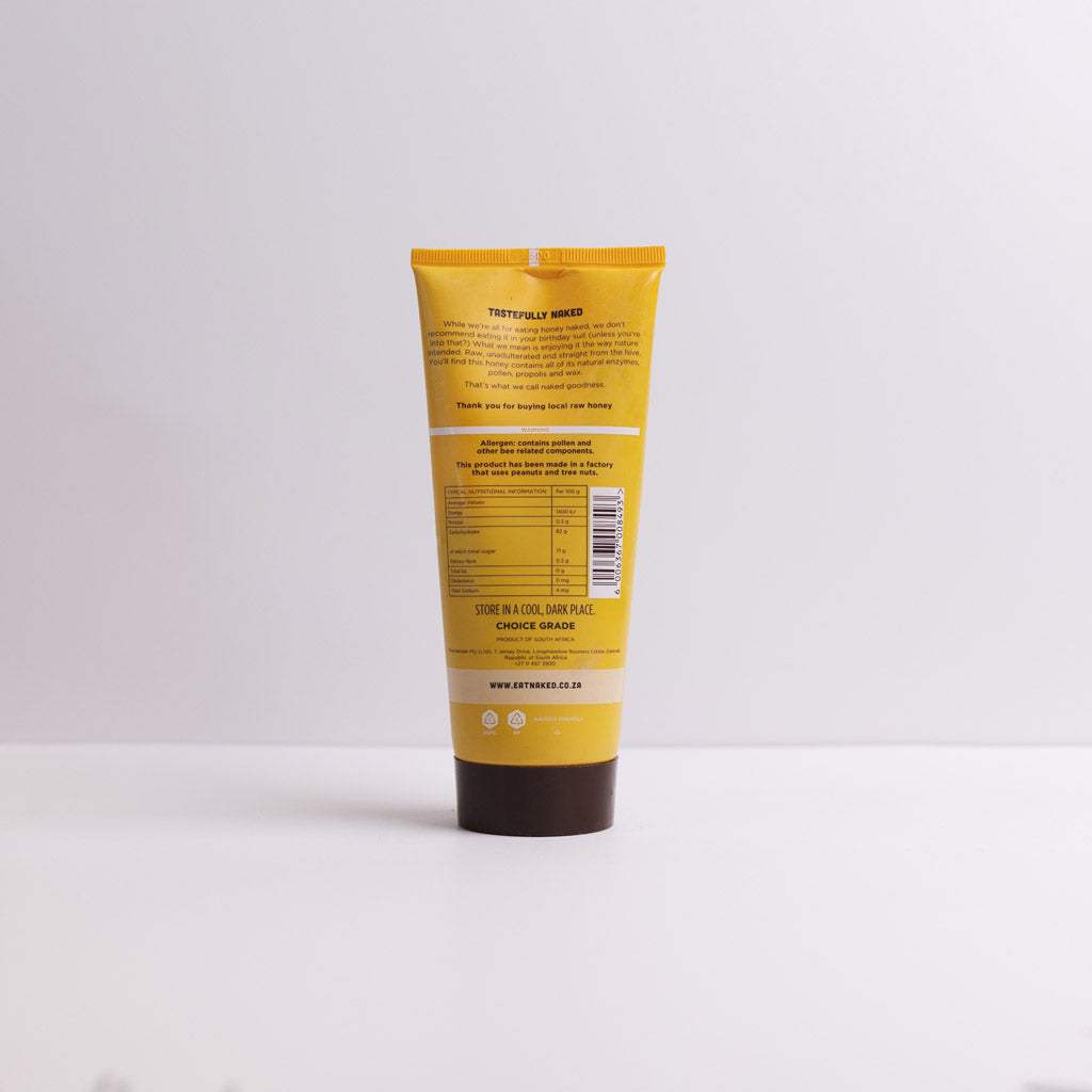 Creamed Raw Honey tube 250g with natural enzymes and pollen, back view packaging