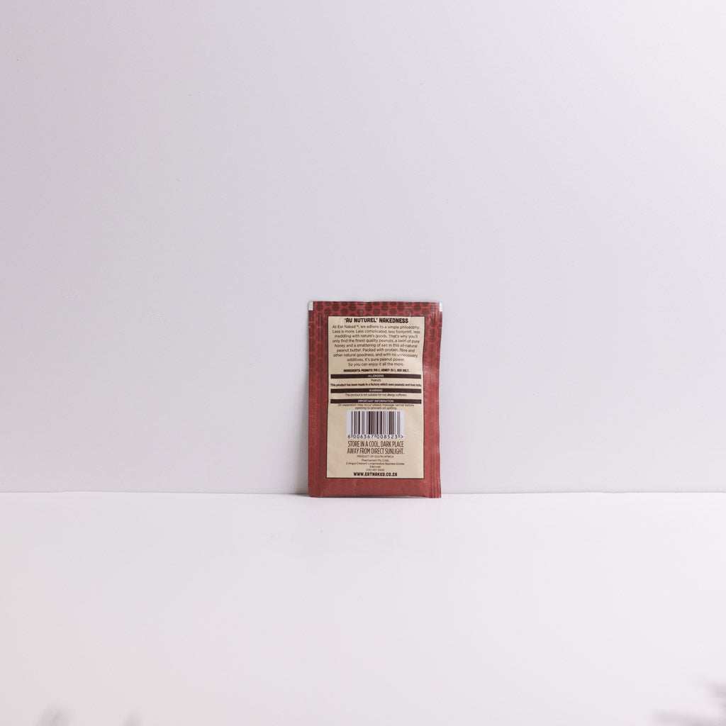 Natural Peanut Butter sachet with pure peanuts, raw honey, and salt, no additives