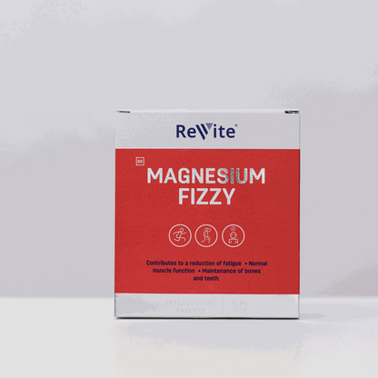 Rewite Magnesium Fizzy effervescent tablets box for muscle function and bone maintenance, vegan-friendly supplement