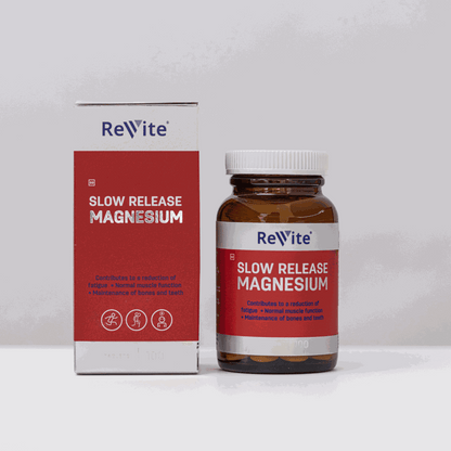 ReWite Slow Release Magnesium Tablets bottle and box for muscle function and fatigue reduction