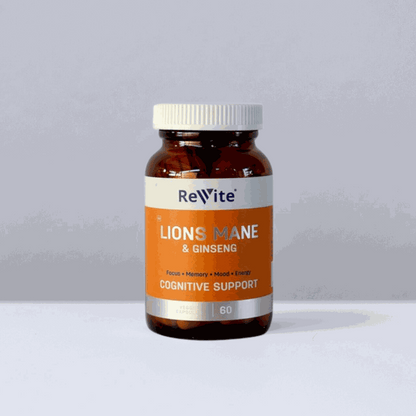 Revite Lions Mane capsules bottle for cognitive support with Lion's Mane and Ginseng supplements