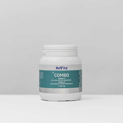 White bottle of Revite Omega-3+6 Combo 1000mg capsules containing fish oil and evening primrose oil for essential fatty acids supplement