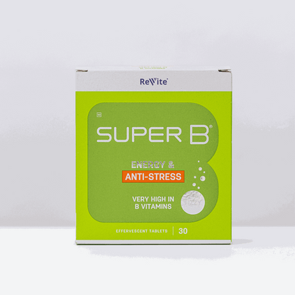 Super B Energy Injection Fizzy 30-pack box with green and white packaging, high in B vitamins and anti-stress support.