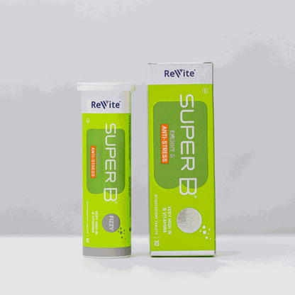 Super B Energy Injection fizzy tablets pack with B vitamins for energy, immune support, and stress relief, vegan-friendly.