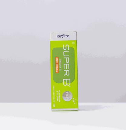 Super B Energy Injection Fizzy Tabs box with anti-stress and energy B vitamins, vegan-friendly supplement