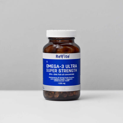 Omega 3 Ultra Super Strength fish oil supplement bottle with 60 soft gel capsules for heart, brain, and immune health.