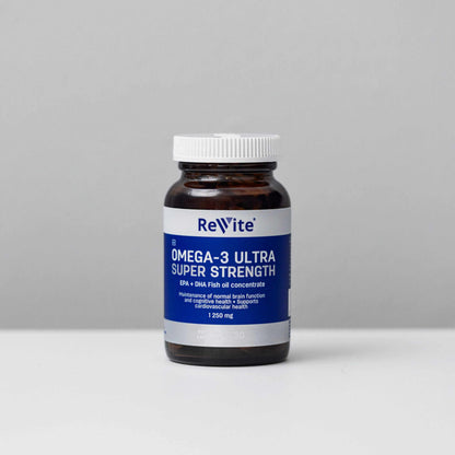 ReVite Omega 3 Ultra Super Strength fish oil supplement bottle for heart and brain health