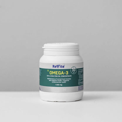 ReVite Omega-3 fish oil 1000mg softgels bottle promoting heart, brain, and eye health with EPA and DHA.