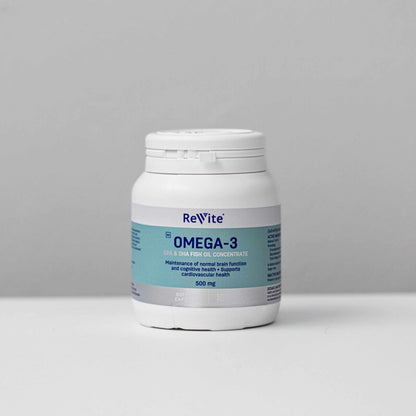 ReVite Omega-3 Fish Oil 500mg capsules for heart, brain, and eye health with EPA and DHA.