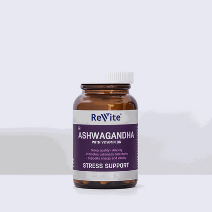 Bottle of Ashwagandha with Vitamin B6 supplement capsules for stress relief and energy boost