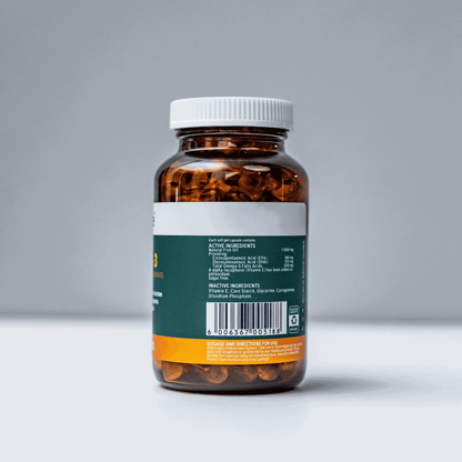Veggie Caps Omega-3 Fish Oil 1000mg bottle with veggie soft gel capsules promoting heart, brain, eye health and immune support
