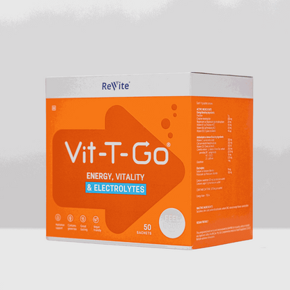 Vit-T-Go sachets box with energy, vitality, and electrolytes supplement, vegan-friendly and great tasting, 50 sachets.