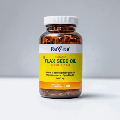 Veggie Caps Flax Seed Oil 1000mg bottle with 90 veggie soft gel capsules for omega-3, 6, and 9 fatty acids supplement