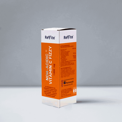 Revite Non-acidic Vitamin C 1000mg fizzy tablets box with immune support benefits and vegan friendly label
