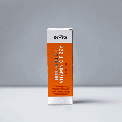 ReVite Non-acidic Vitamin C 1000mg fizzy tablets box for immune support and good health